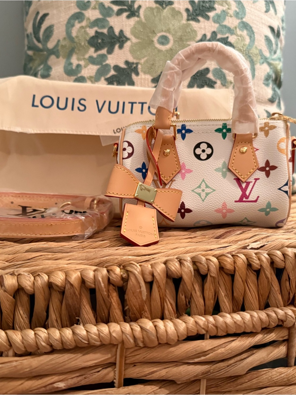 L V White Multicolor Monogram Nano Speedy with Tan Trim